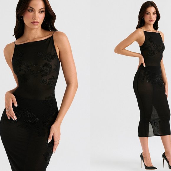 HOUSE OF CB 'Amirah' Black Mesh Crystal Embellished Midi Dress NWOT - Picture 4 of 10